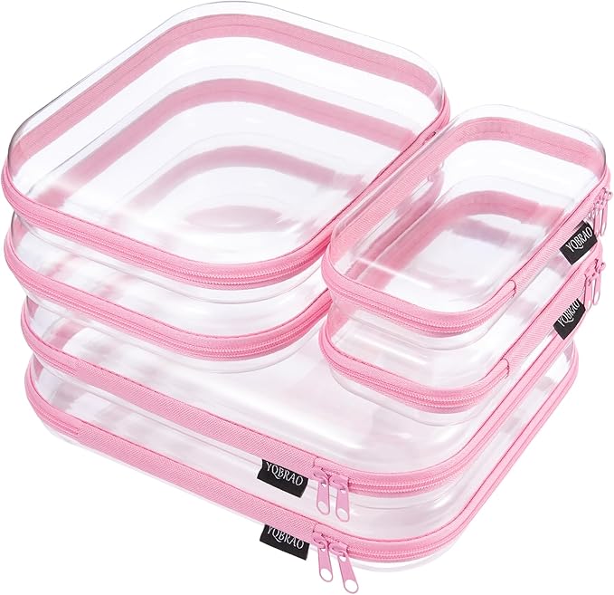 6 Pack Clear Hard Shell Zipper Case, See-Through Hard Plastic Organizer Pouches with Zipper for Travel, Toiletries, Makeup, Electronics & Pencils - Crush-Resistant Storage (Pink)
