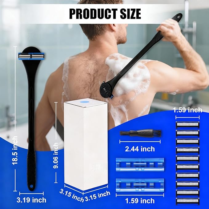 Back& Body Shaver for Men,Back Hair Trimmer for Men with Long Bendable Ergonomic Silicone Handle,10 of The Wet or Dry Disposable Razor Blades,Bath Brush Included(Black)