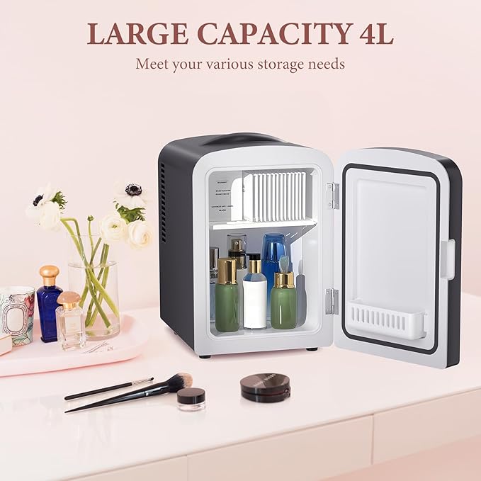 Xbeauty Skincare Mini Fridge With Dimmable LED Mirror, 4L Mini Refrigerator for SkinCare, Cosmetics, Food & Drinks, Portable Small Refrigerator for Bedroom, Dorm, Car, Office, Black