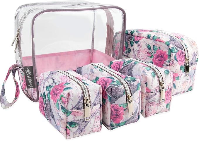 Emma & Chloe Travel Toiletry Bags for Women, 5 Piece Waterproof Cosmetic Case, Bag, Pouch Makeup Organizer Set for Women, Home Counters (Paris Rose Postcards)