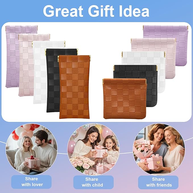 4Pcs Small Makeup Bag for Purse, Mini Checkered Leather Purse Pouches for Purse Small Makeup Pouch Small Coin Purse Organizer Pouches, Portable No Zipper Pocket Cosmetic Bag for Women (White, Black)