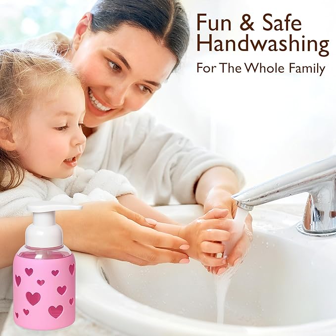 SoCal Suds & Company Foaming Hand Soap Dispenser Glass, Liquid Soap Pump with Heart Silicone Sleeve, Refillable Bottle for Kids, Baby Wash & Shampoo, Ideal for Bathroom & Kitchen Use, Bright Pink, 8oz