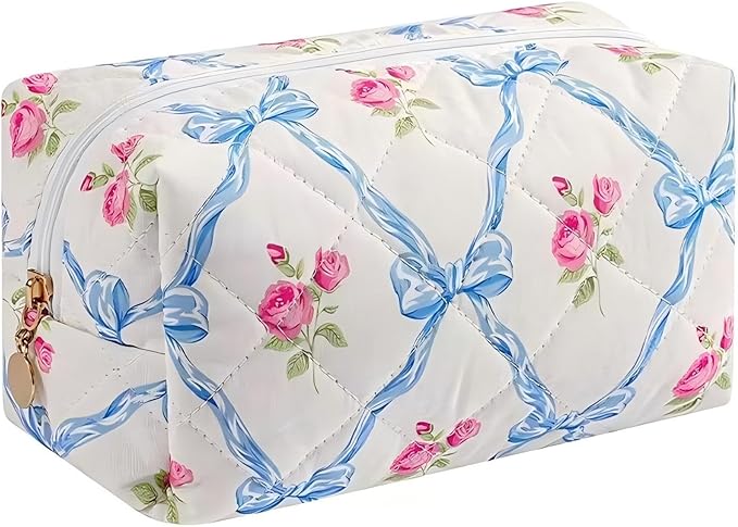 Floral Quilted Cotton Makeup Bag for Women, Large Capacity Travel Cosmetic Pouch with Zipper, Cute Toiletry & Brush Organizer, Kawaii Makeup Storage Case – Blue Bow