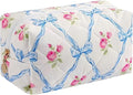 Floral Quilted Cotton Makeup Bag for Women, Large Capacity Travel Cosmetic Pouch with Zipper, Cute Toiletry & Brush Organizer, Kawaii Makeup Storage Case – Blue Bow