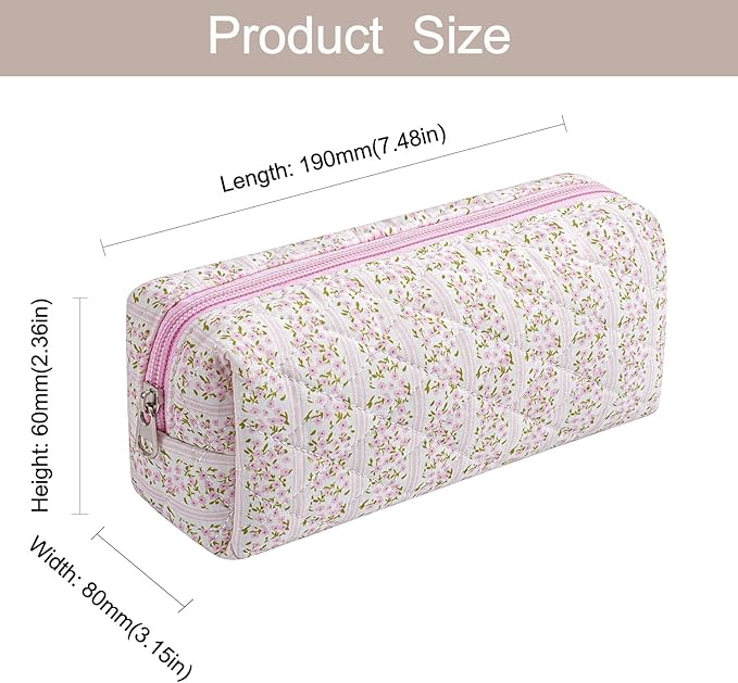 Cute Floral Makeup Brush Bag Small Cotton Quilted Cosmetic Bag for Women Travel Toiletry Zipper Make Up Pouch (Two Pack: (Blue + Pink Floral)