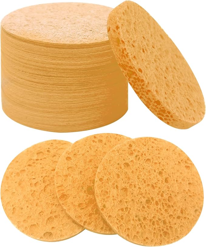 50-Count Large Compressed Facial Sponges for Estheticians,Daily Cleansing and Gentle Exfoliating- 100% Natural Cellulose Spa Sponge Perfect for Removing Dead Skin,Dirt and Makeup(Round 2.95", Yellow)