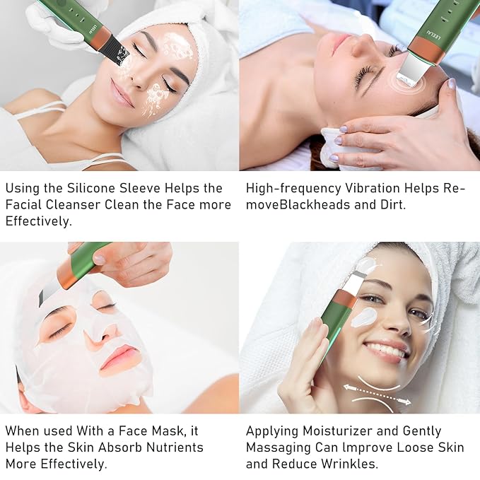 Face Spatula Skin Scrubber Professional Waterproof Facial Scraper for Pore Cleansing Blackhead Removal and Exfoliation, Durable Metal Body-3 Modes(Green)