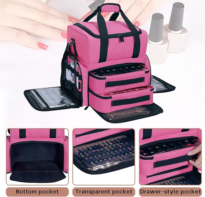 Nail Polish Organizer Case Holds 80 Bottles (15ml - 0.5 fl.oz) and a Nail Lamp,Nail Polish Case with 2 Removable Bags and Tools Storage Sections Rose Red