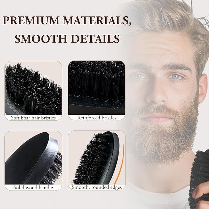 Men's Solid Wood Beard Brush, Boar Bristle Mustache Brush for Men, Military Style