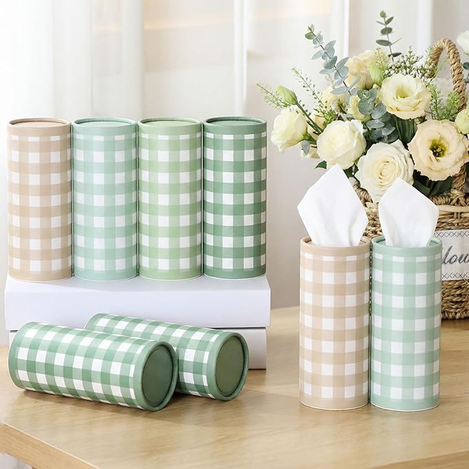 12 Set Green Plaid Tissue Boxes for Car Cylinder Bulk Fresh Plaid Round Cylinder Holder with 3 Ply Facial Tissues for Spring Summer Travel Bathroom Office Decoration