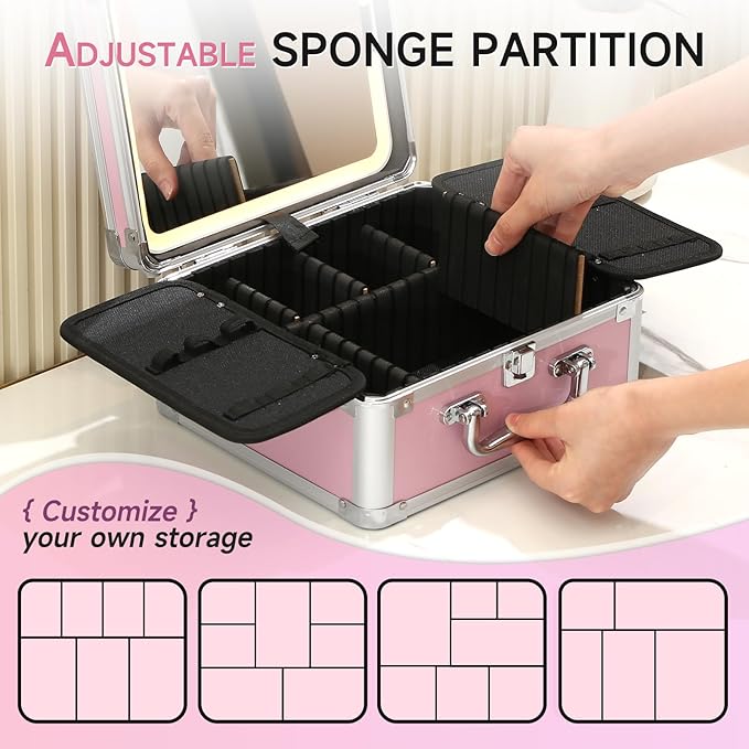 Leeora&Leekoo Makeup Box with Lighted Mirror,Portable Makeup Train Case Organizer (Pink1)