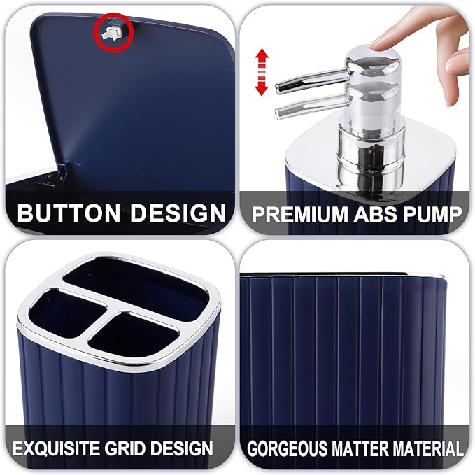 Navy Blue Bathroom Accessories Set - Gorgeous Bathroom Set, 10PC Bathroom Accessory Set, Toilet Brush, Trash Can, Qtip Holder & Soap Dispenser