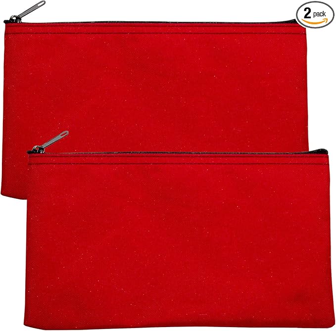 Multipack of 2 Compact Zipper Cloth Pouches, Zipper Bag, Travel Toiletry, Cosmetics, Stationary Case, 11 x 6 inches (Red)