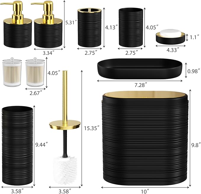 Bathroom Set, 10PC Bathroom Accessory Set, Black Bathroom Accessories, Black and Gold Bathroom Set with Trash Can, Soap Dispensers
