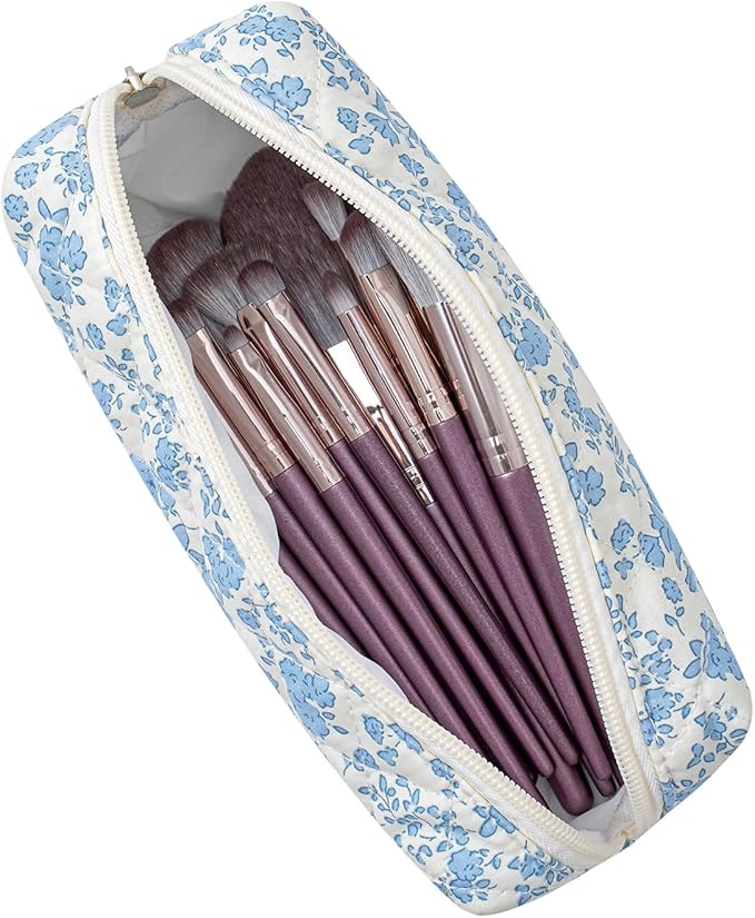 Cute Floral Cotton Makeup Brush Cosmetic Bag for Women, Travel Quilted Zipper Make Up Bag, Flowers Toiletry Organizer Case Kawaii Makeup Cosmetic Travel Cloth Pouch (Pink+Blue Floral)