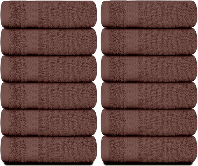 White Classic Luxury Cotton Washcloths 13x13 Inch - 650 GSM Turkish Cotton | Hotel, Spa, Bathroom Face Towel | 12 Pack, Brown