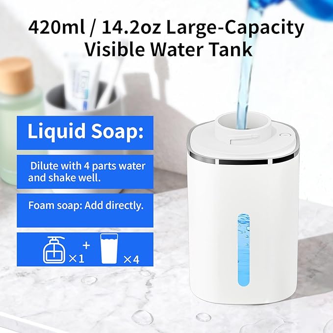 Automatic Foaming Soap Dispenser, Touchless Rechargeable Hand Soap Dispenser, 4 Adjustable Levels, 1200mAh Battery, Large Display, for Kitchen & Bathroom (White, Foaming)