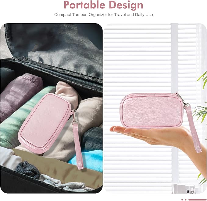 Portable Tampon Organizer, Beige PU Pouch with Handle and Zipper for Women's Period Bags