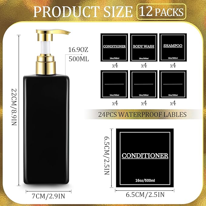 Gejoy 12 Pack Black Shampoo and Conditioner Dispenser Bottles, 17 Oz/ 500ml Refillable Empty Pump Bottles with Labels and Marker Pen, Plastic Square Pump Dispenser Bottle for Bathroom Body Wash Shower