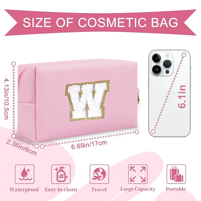 Personalized Initial A-Z Preppy Patch Makeup Bag,Small PU Chenille Letter Cosmetic Bag with Zipper for Teen Girls,Pink Cute Toiletry Organizer Bag,Monogram Makeup Case Gift for Women Girls,Letter W