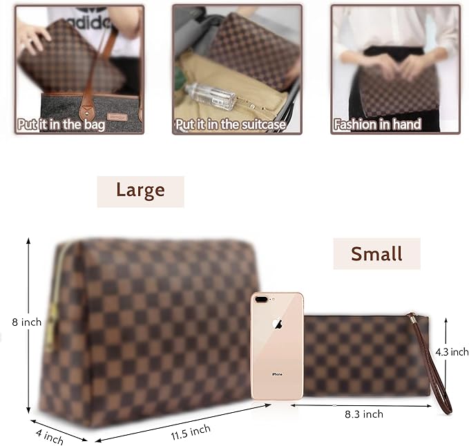 2 Pack Makeup Bag Set for Women, Large Brown Leather Cosmetic Bag + Small Zipper Pouch, Water-Resistant Travel Toiletry Organizer with Smooth Metal Zipper, Stylish Storage for Daily Use & Gift