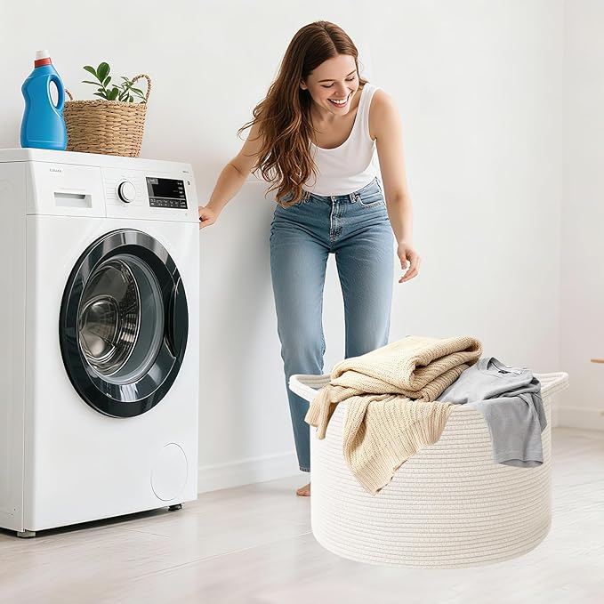 65L Large Blanket Basket,19.7" L x 19.7" W x 13" H Rope Woven Baskets with Handles, Toys Storage Bins,Laundry Basket Perfect for Living Room, Nursery,Bedroom,Home Organization,White