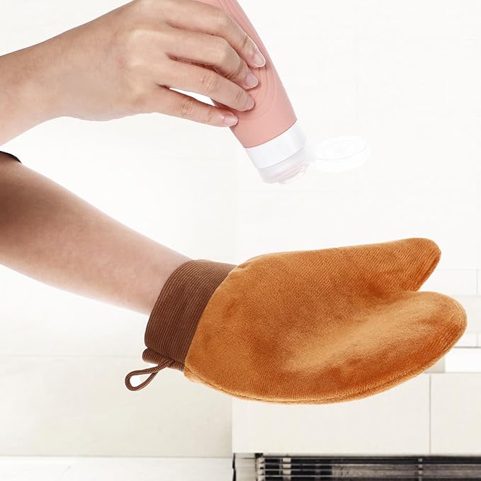 TIESOME 4 Pcs Self Tanning Mitt Applicator Kit, 4 in 1 Reusable Tanning Glove Accessories with Back Lotion Applicators for Your Back for Face Body Streak Free Tan Mitt (brown)