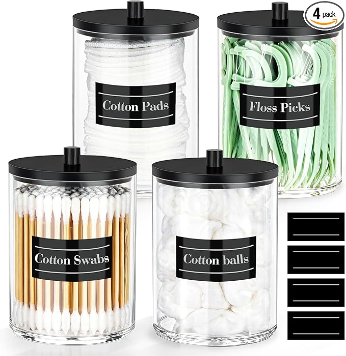 4 Pack 10 oz Acrylic Qtip Holder with Labels Dispenser- Bathroom Small Clear Plastic Canister Apothecary Jar Set Essentials Accessories Decor, Vanity Storage Organizer