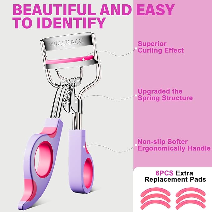 Eye Lash Curler with 6PCS Extra Replacement Pads, Superior Curling Effect Eyelash Curlers, Easy & Comfortable to Grip and Use, Perfect Gift for Her, Teenagers, Beauty Enthusiasts -Silver Purple Red