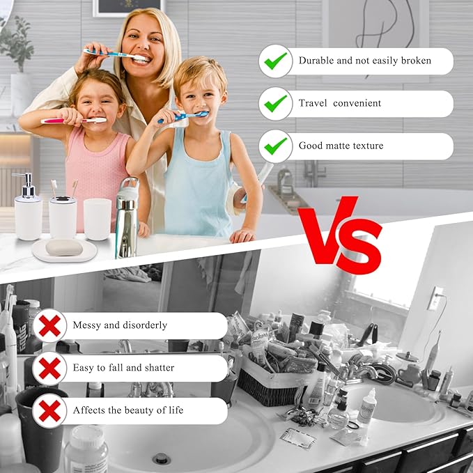 4 Piece Bathroom Accessories Set, Plastic Bathroom Accessory Set, Toothbrush Holder, Toothbrush Cup, Soap Dispenser, Soap Dish, White