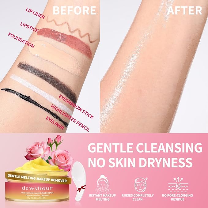 dewyhour Rose Serum Collagen Cleansing Balm - Gentle Melting Makeup Remover & Pore Cleanser, Hydrating Facial Cleanser for All Skin Types | Vegan Korean Skincare 2.46oz