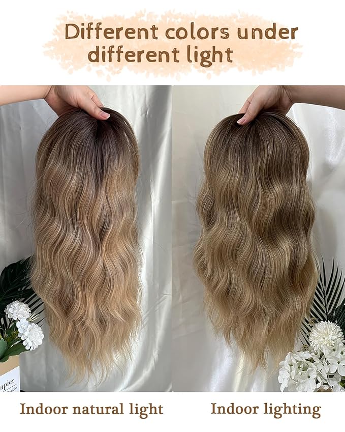 PANEWAY 16Inch Wavy Curly Brown Blonde Hair Topper with Dark Root - Clip In Hair Topper for Women