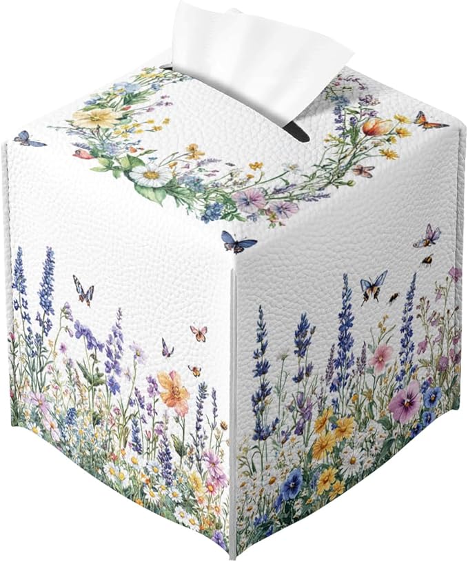 Wildflower Tissue Box Cover Colorful Spring Meadow Butterfly Garden Square PU Leather Waterproof Tissue Box Holder for Car Bathroom Bedroom Office Tabletop Decor