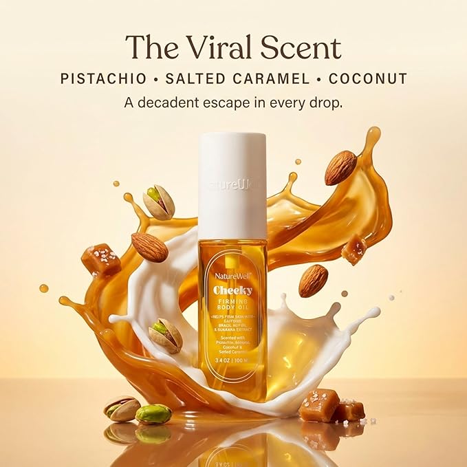 NATURE WELL Cheeky Firming Body Oil, Luxuriously Glowy & Fast-Absorbing Formula Designed to Nourish, Firm, & Visibly Smooth Skin, Scented with Pistachio, Almond, Coconut, & Salted Caramel, 3.4 Oz