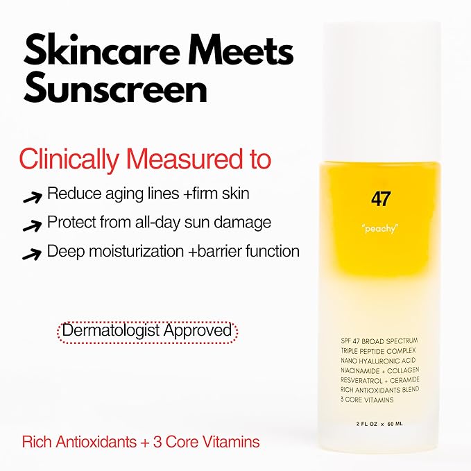 | PLUXOS 47 | SUNSCREEN + SKINCARE SPF 47 FACE MIST SPRAY (Peach) | SUN DEFENSE COMPLEX CARE | Apply Over Makeup, Broad Spectrum, Clear, Light, Vegan, Hydrate, Fight Acne, Anti-Aging, Cell Repair