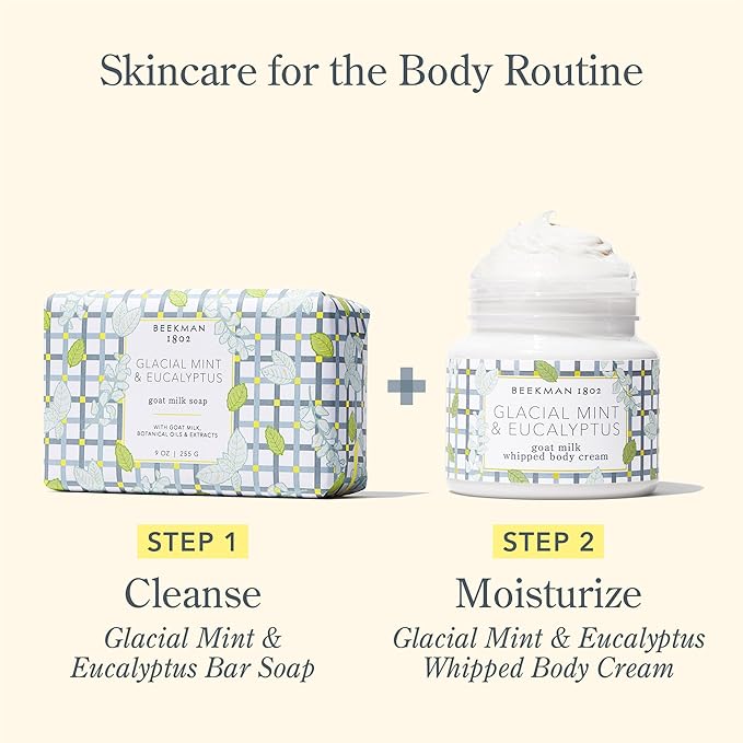 Beekman 1802 Whipped Body Cream – Rich Body Butter & Moisturizing Body Cream, Goat Milk Lotion, Shea Butter & Vitamin E, Hydrating Body Moisturizer for Dry Skin - Glacial Mint & Eucalyptus 8 oz