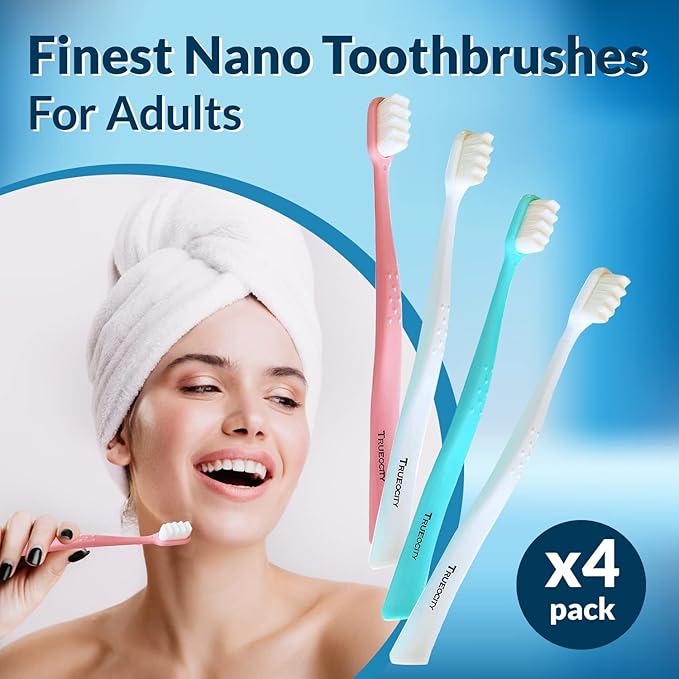 Extra Soft Toothbrushes For Adults, Nano Toothbrush 20,000 Ultra Fine Bristles for Sensitive Gums, Gentle Adult Toothbrush for Gum Care, Deep Cleaning Soft Brush, Pack of 4 Oral Care Brushes