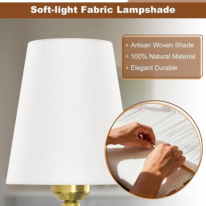 Modern Wall Sconces Set of 2, Hardwired Wall Lights with Flared White Fabric Shade, Brushed Gold Wall Lamps for Bedroom Bedside Stairway Bathroom Living Room(ETL Listed)