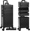 Profesional Rolling Makeup Train Case with Lid, 5 in 1 Cosmetology Case on Wheels, Large Cosmetic Trolley Organizer Travel for Hairstylist Artist Nail Beauty Salon Barber, Black