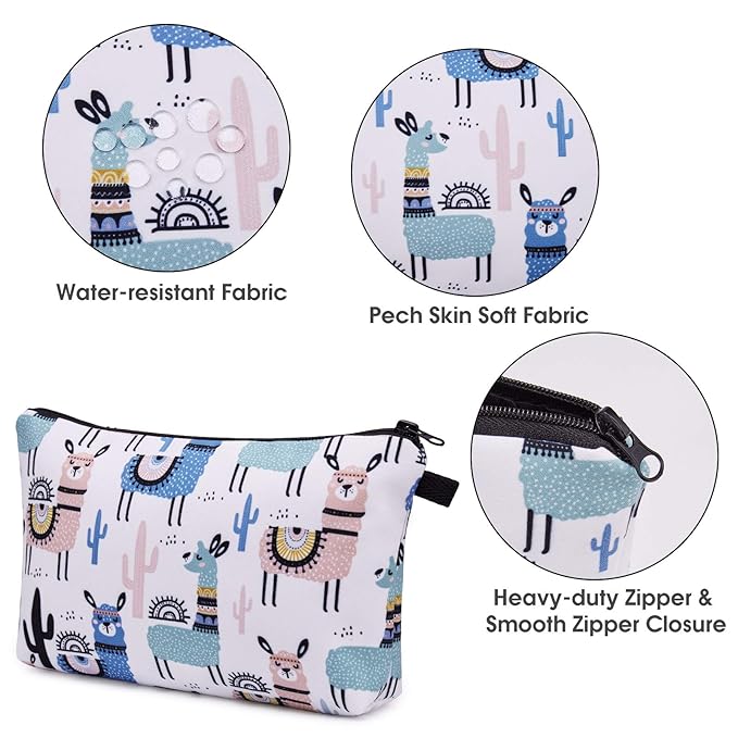 WANDF Cosmetic Bag for Women Makeup bag Organizer Mini Makeup Pouch for Purse Water Resistant Girls Gift(2pcs Alpacas+Flower)