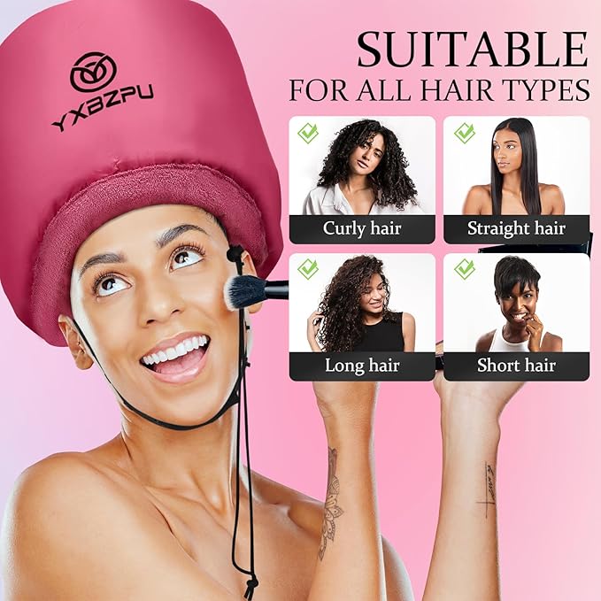 Hooded Hair Dryer Attachment, Hair Dryer Caps for Curly, Speeds Up Drying Time, Safety Deep Conditioning At Home (Rose Red)