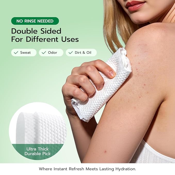 Green Tea Facial Cleansing Wipes, Extra Large No Rinse Cleansing Cloths for Body, Gentle Cleanse, Soothe & Hydrate, Travel Essentials & Disposable for Post Workout Cleanup & Elderly Hygiene, 60 Count