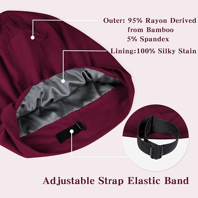 Fittia Satin Hair Bonnet for Sleeping, Silky No Frizzy for Curls Care, Adjustable Strap for Non-Slip, Dreadlocks Cap for Women&Men Claret