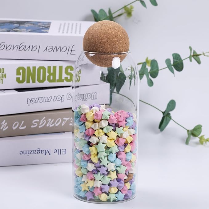 1 Pack 9.45 In Glass Storage Container, Ball Cork Jar Decorative Organizer, Cute Canister for Tip Change Sugar/Cotton Swab Holder