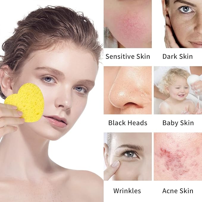 100-Count Compressed Facial Sponges for Estheticians Heart Shape Natural Cellulose Sponge Professional Cosmetic Spa Sponges for Face Cleansing, Massage, Pore Exfoliating, Mask, Makeup Removal, Yellow