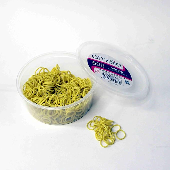 Amelia Beauty 500 Count Small Rubber Bands for Hair – ½" Yellow - Made in USA - Recloseable Container - Mini Hair Elastics for Braids, Ponytails, Cornrows & Twists – Strong Hold Ponytail Holders
