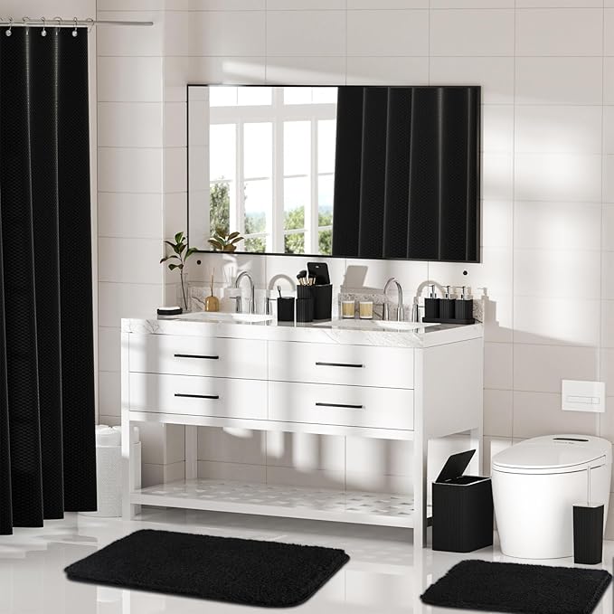 Bathroom Accessory Set - Bathroom Set, 27PC Bathroom Accessories Set, Black Bathroom Sets with Shower Curtain and Rugs, Mini Trash Can, Toilet Brush, Trash Can & Soap Dispenser