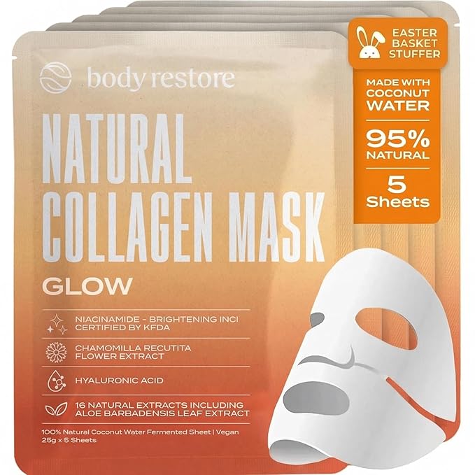 Body Restore Korean Bio-Cellulose Glow Face Mask (5 Pack) – Niacinamide & Vitamin C Sheet Mask for Dark Spots, Uneven Tone – Hydrating Facial Mask Skincare for Glowing Skin – K-Beauty