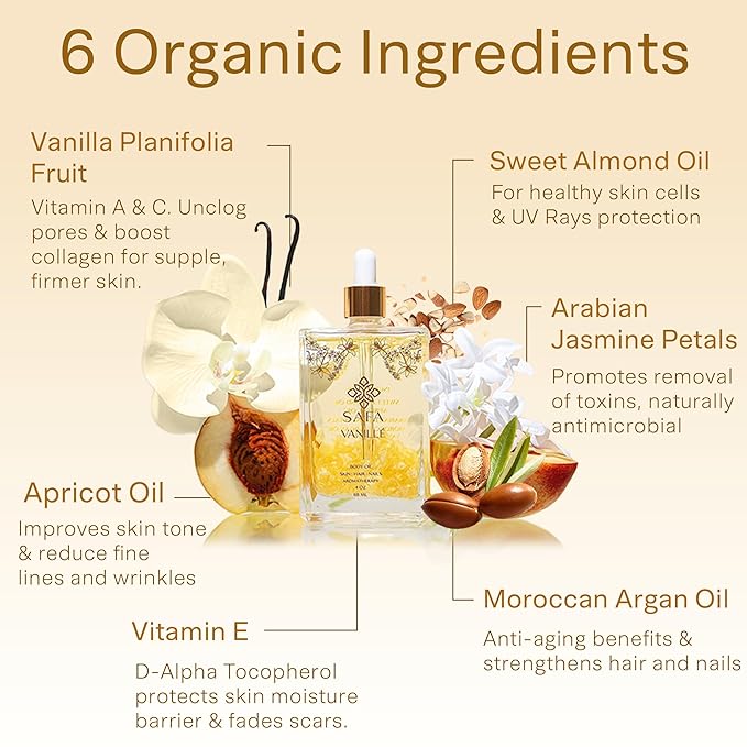 SAFA Vanillé Oil - Organic Oil for Face, Body, Hair, Nails & Aromatherapy | Vanilla Extract & Jasmine Petals - Essential Oil for Diffusers | After Shower Body Oil | Skin Moisturiser (4 Fl Oz)