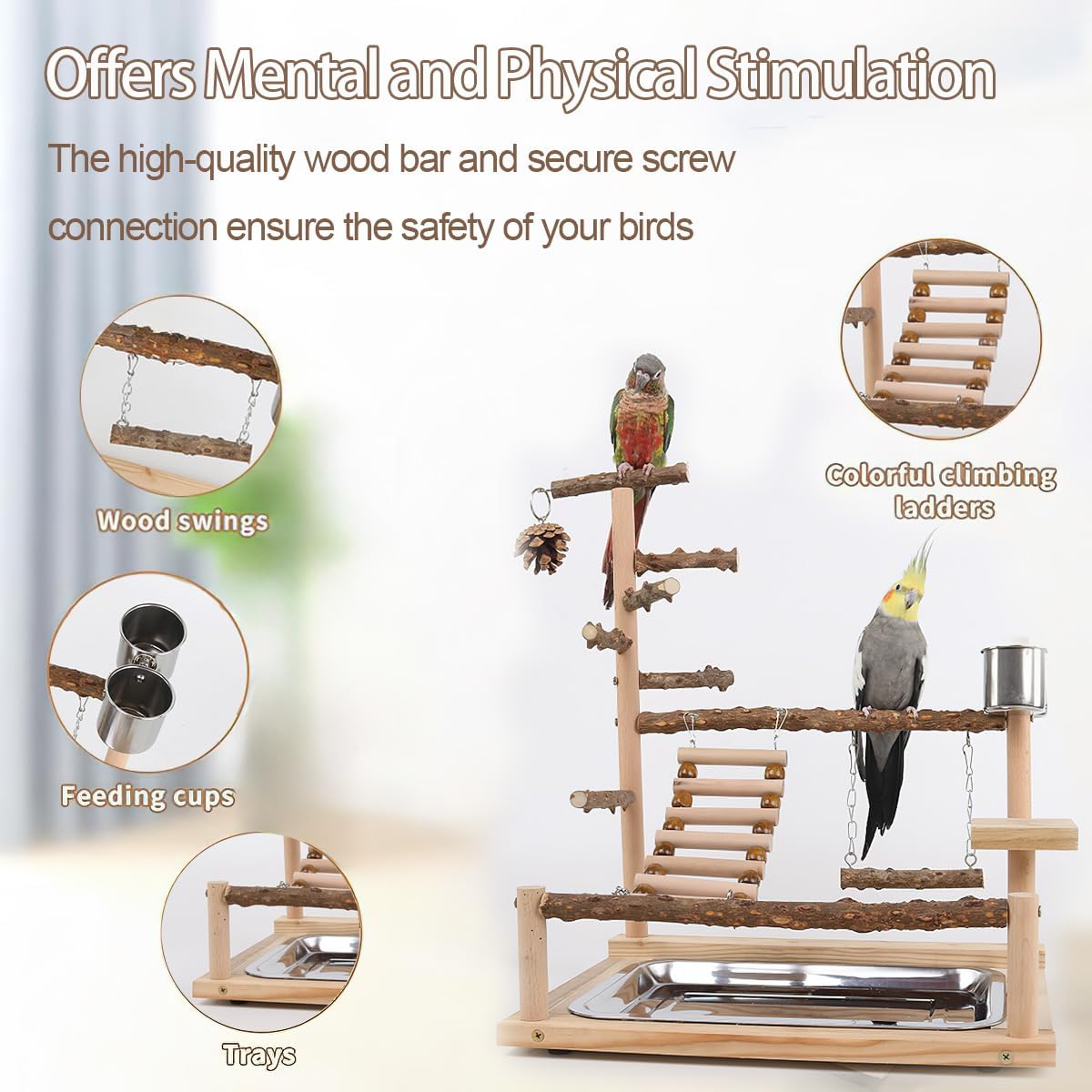 Bird Playground, Parrot Perch Stand, Natural Wood Bird Play Stands for Cockatiel Wood Perch Gym Playpen Ladder with Removable Tray and 2 Stainless Steel Cups, Bird Cage Accessories, Parrot Swing